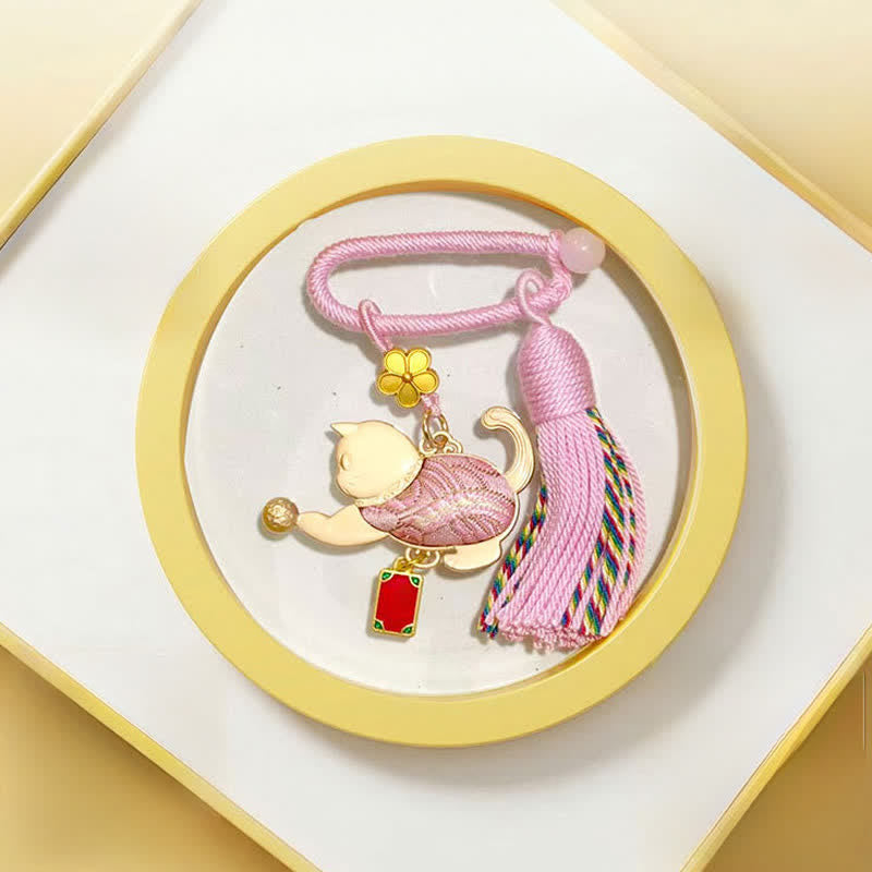 Buddha Stones Coffret cadeau porte-clés chat porte-bonheur en brocart Song Brocade avec pompon - Rose - Brocart Chant (Prospérité♥Harmonie) - image 7