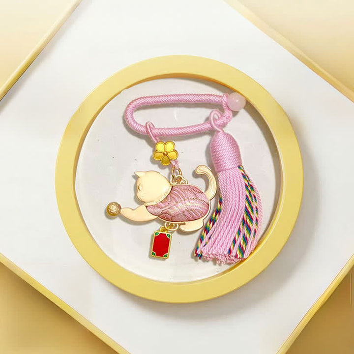 Buddha Stones Coffret cadeau porte-clés chat porte-bonheur en brocart Song Brocade avec pompon - Rose - Brocart Chant (Prospérité♥Harmonie) - image 7