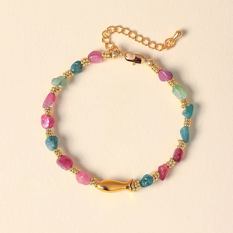 Buddha Stones Bracelet en tourmaline arc-en-ciel, motif carpe koï, à la coupe brute et positive - Poisson Koi (Succès ♥ Détermination) - Tourmaline (Amour positif ♥) - image 0