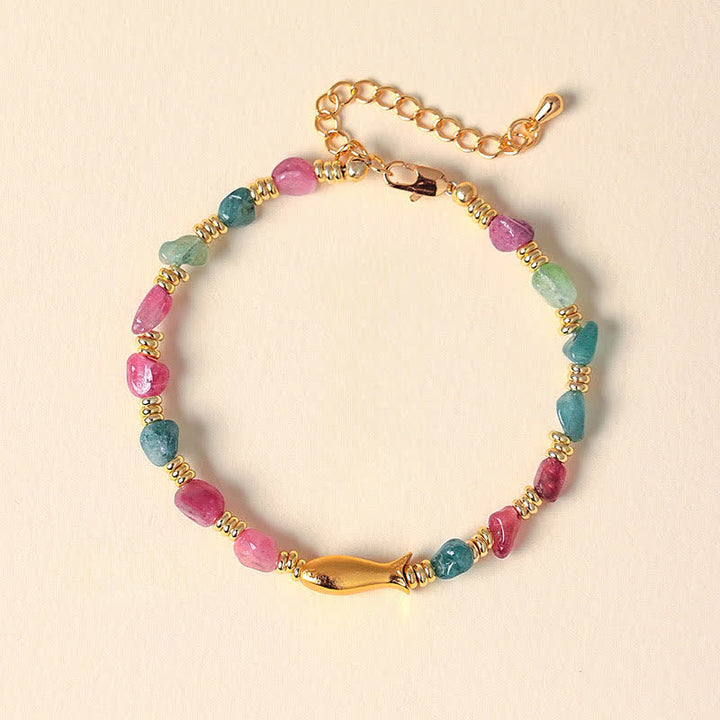 Buddha Stones Bracelet en tourmaline arc-en-ciel, motif carpe koï, à la coupe brute et positive - Poisson Koi (Succès ♥ Détermination) - Tourmaline (Amour positif ♥) - image 0