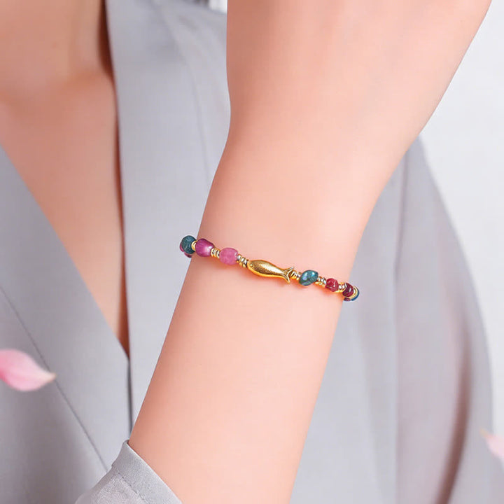 Buddha Stones Bracelet en tourmaline arc-en-ciel, motif carpe koï, à la coupe brute et positive - image 8