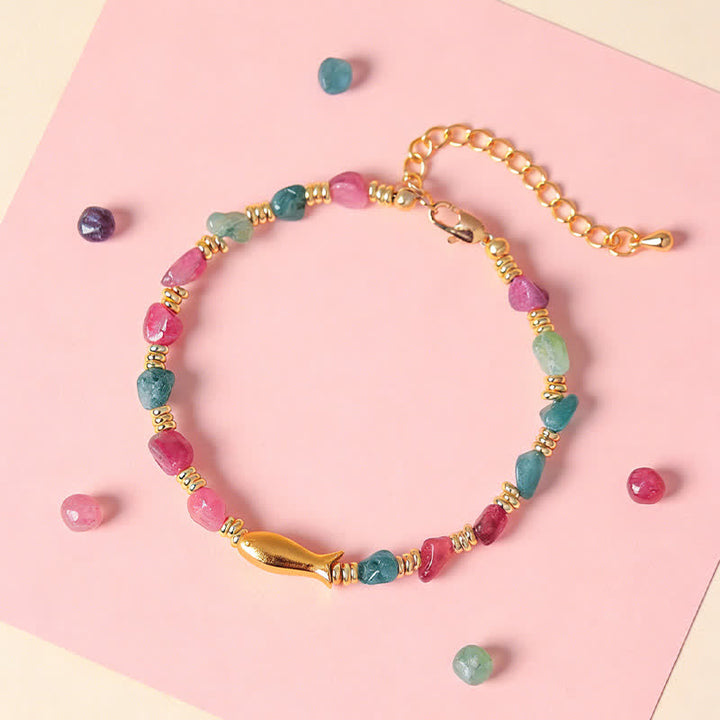 Buddha Stones Bracelet en tourmaline arc-en-ciel, motif carpe koï, à la coupe brute et positive - image 1
