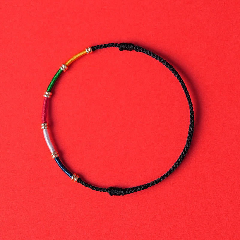 Buddha Stones Bracelet de protection fait main à cinq couleurs avec drapeau de prière et cheval du vent - Noir - Fil rouge (Protection ♥ Chance) - image 1
