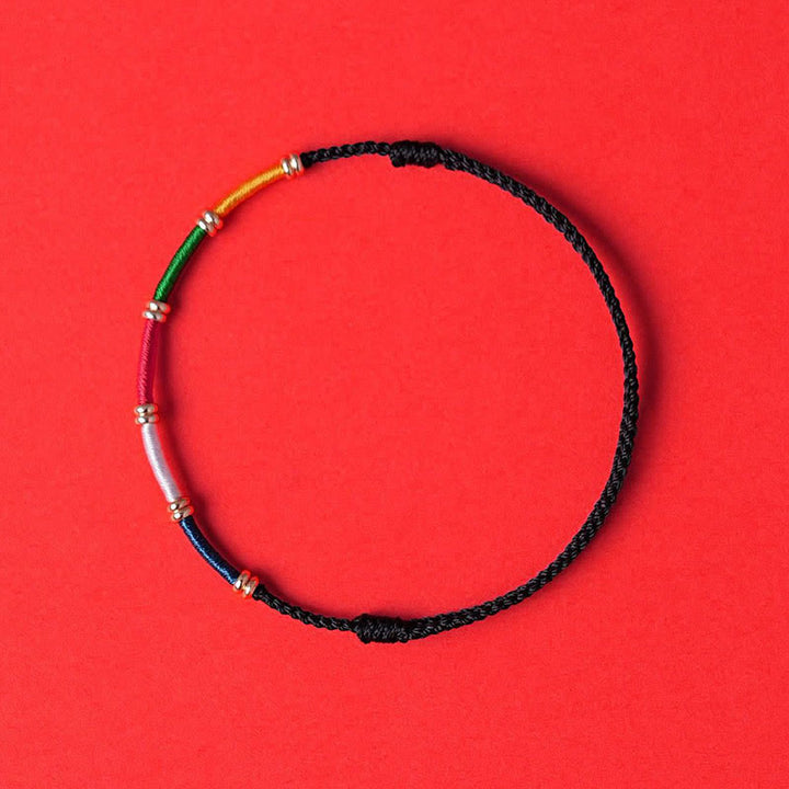 Buddha Stones Bracelet de protection fait main à cinq couleurs avec drapeau de prière et cheval du vent - Noir - Fil rouge (Protection ♥ Chance) - image 1
