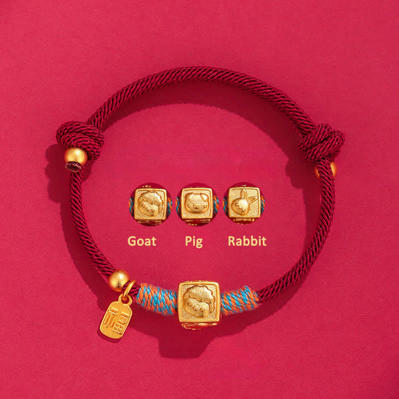 Buddha Stones Bracelet Fu porte-bonheur chinois fait main avec un fil rouge - Bracelet rouge en argent 999, motif chèvre, cochon et lapin, trois harmonies - Argent (Bénédiction ♥ Calme) - image 0