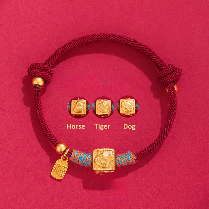 Buddha Stones Bracelet Fu porte-bonheur chinois fait main avec un fil rouge - Bracelet rouge en argent 999, motif cheval, tigre et chien, avec trois harmonies. - Argent (Bénédiction ♥ Calme) - image 1