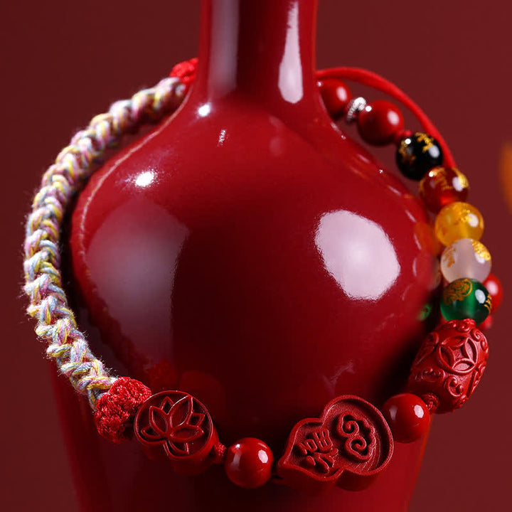 Buddha Stones Bracelet en fil rouge tissé à la main avec le personnage Fu en forme de gourde, symbole de fortune, en cinabre. - image 4