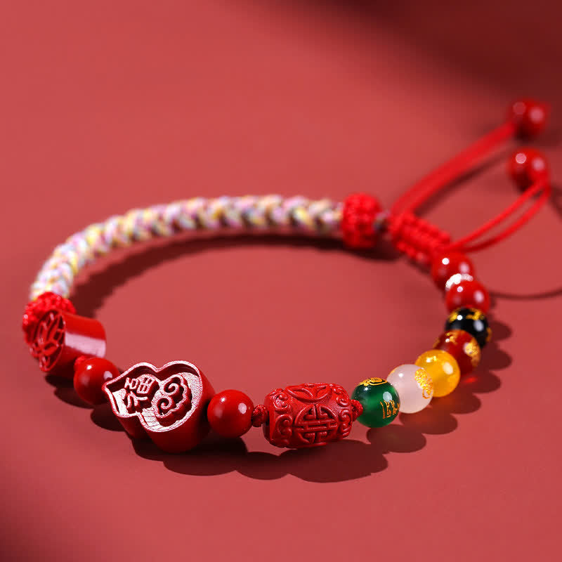 Buddha Stones Bracelet en fil rouge tissé à la main avec le personnage Fu en forme de gourde, symbole de fortune, en cinabre. - image 1