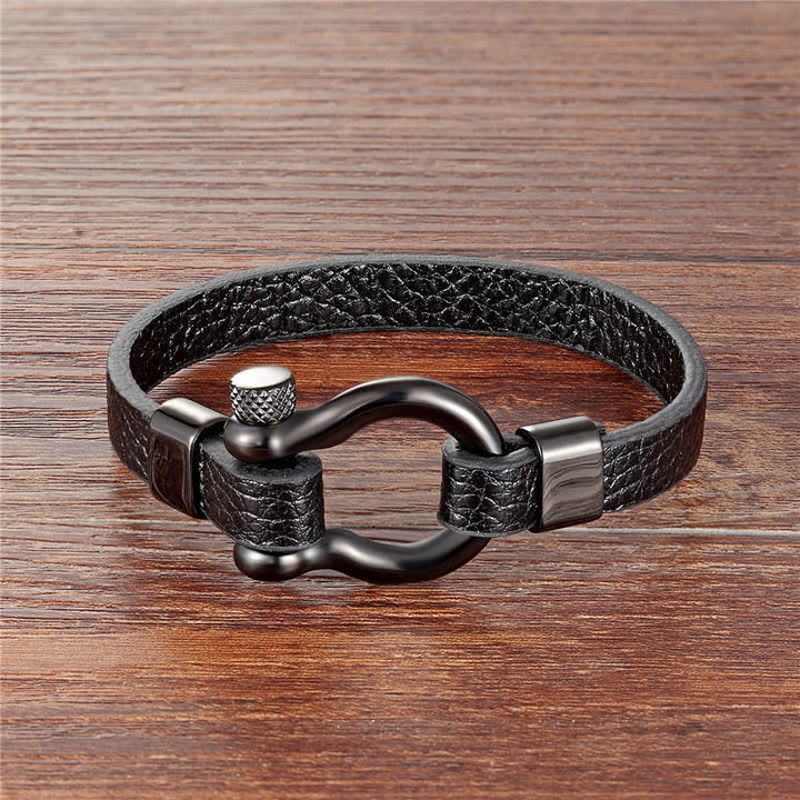 Buddha Stones Bracelet de résistance en cuir et acier titane avec anse en acier titane - Bracelet en cuir noir avec boucle noire (Tour de poignet : 18–19 cm) - image 0