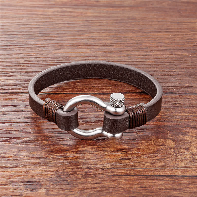 Buddha Stones Bracelet de résistance en cuir et acier titane avec anse en acier titane - Bracelet en cuir marron avec boucle argentée (Tour de poignet : 18–19 cm) - image 7
