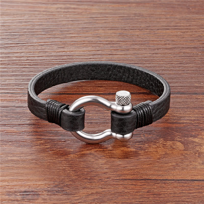 Buddha Stones Bracelet de résistance en cuir et acier titane avec anse en acier titane - Bracelet en cuir noir avec boucle argentée (Tour de poignet : 18–19 cm) - image 3
