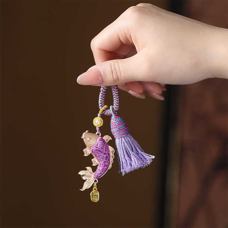 Buddha Stones Porte-clés de prospérité en brocart Song Koi Fish - Violet - image 1