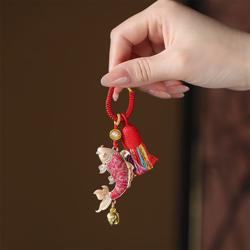 Buddha Stones Porte-clés de prospérité en brocart Song Koi Fish - Rouge - image 0