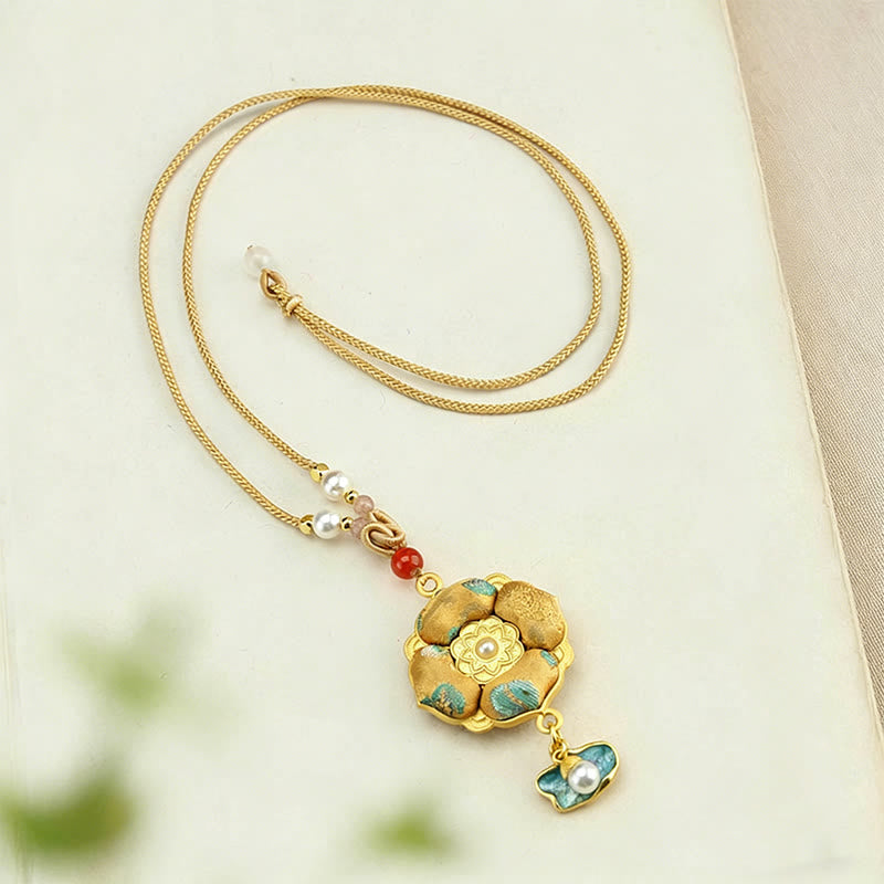 Buddha Stones Collier porte-bonheur en brocart Song à quatre feuilles et trèfle à quatre feuilles - image 1