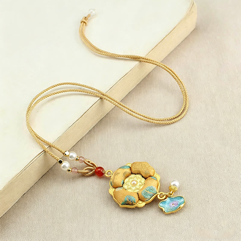 Buddha Stones Collier porte-bonheur en brocart Song à quatre feuilles et trèfle à quatre feuilles - image 0