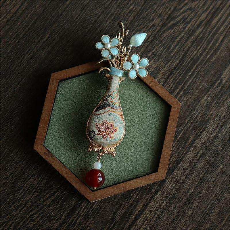 Buddha Stones Broche élégante en brocart Song, motif vase à fleurs - image 1
