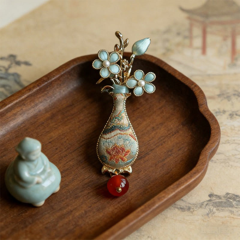 Buddha Stones Broche élégante en brocart Song, motif vase à fleurs - image 2