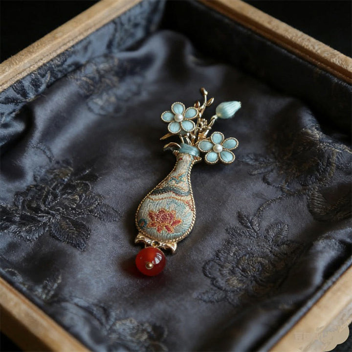 Buddha Stones Broche élégante en brocart Song, motif vase à fleurs - image 0