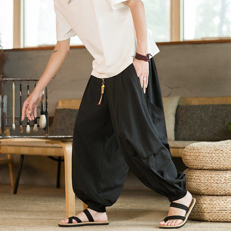 Buddha Stones Pantalon harem homme décontracté d'été, style vintage, à cordon de serrage, couleur unie, longueur cheville, avec poches - Noir - US/UK/AU46，EU56 (5XL) - image 0