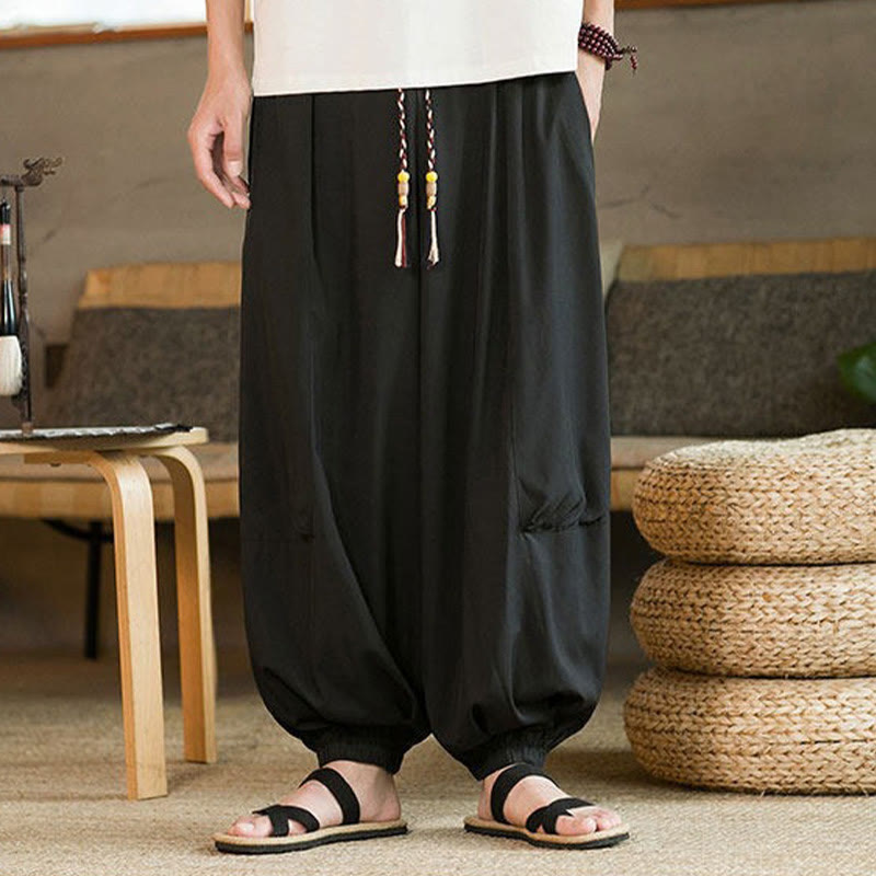 Buddha Stones Pantalon harem homme décontracté d'été, style vintage, à cordon de serrage, couleur unie, longueur cheville, avec poches - image 1