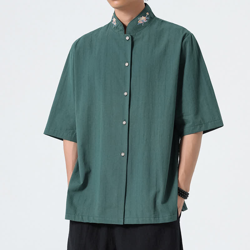 Buddha Stones Chemises d'été pour hommes, style Tang, col mandarin, broderie lotus, unies - Vert d'eau - US/UK/AU46，EU56 (5XL) - image 0