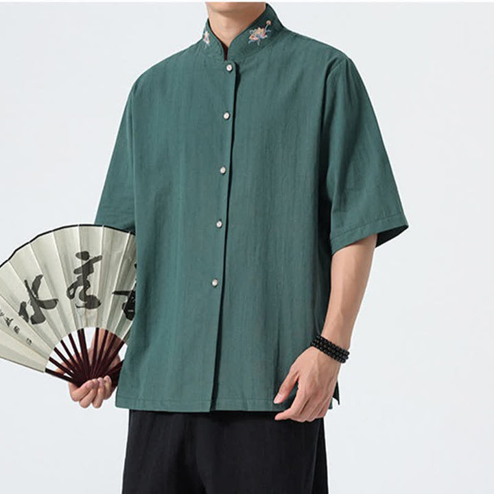 Buddha Stones Chemises d'été pour hommes, style Tang, col mandarin, broderie lotus, unies - image 3