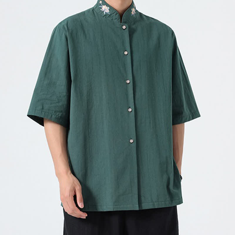 Buddha Stones Chemises d'été pour hommes, style Tang, col mandarin, broderie lotus, unies - image 2