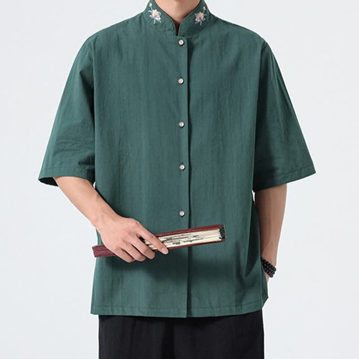 Buddha Stones Chemises d'été pour hommes, style Tang, col mandarin, broderie lotus, unies - image 5