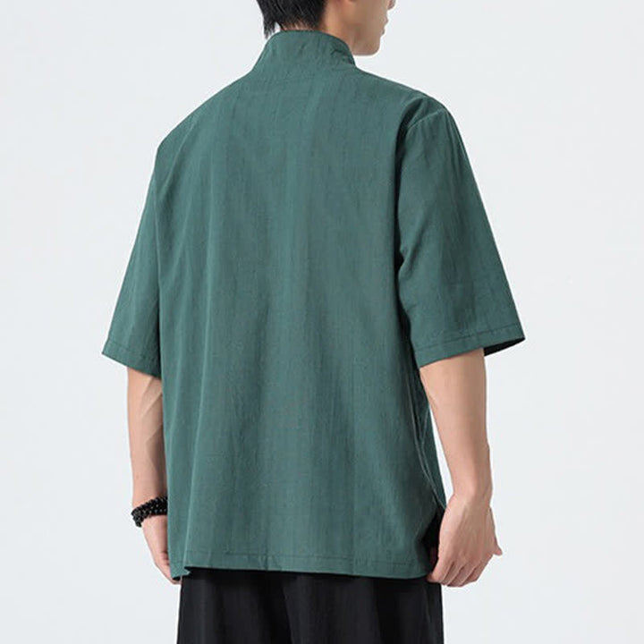 Buddha Stones Chemises d'été pour hommes, style Tang, col mandarin, broderie lotus, unies - image 4