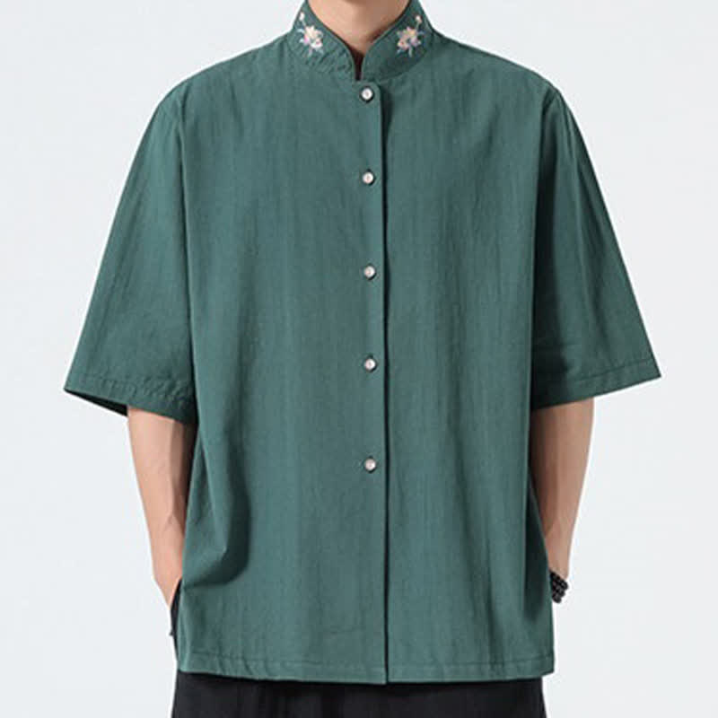 Buddha Stones Chemises d'été pour hommes, style Tang, col mandarin, broderie lotus, unies - image 1