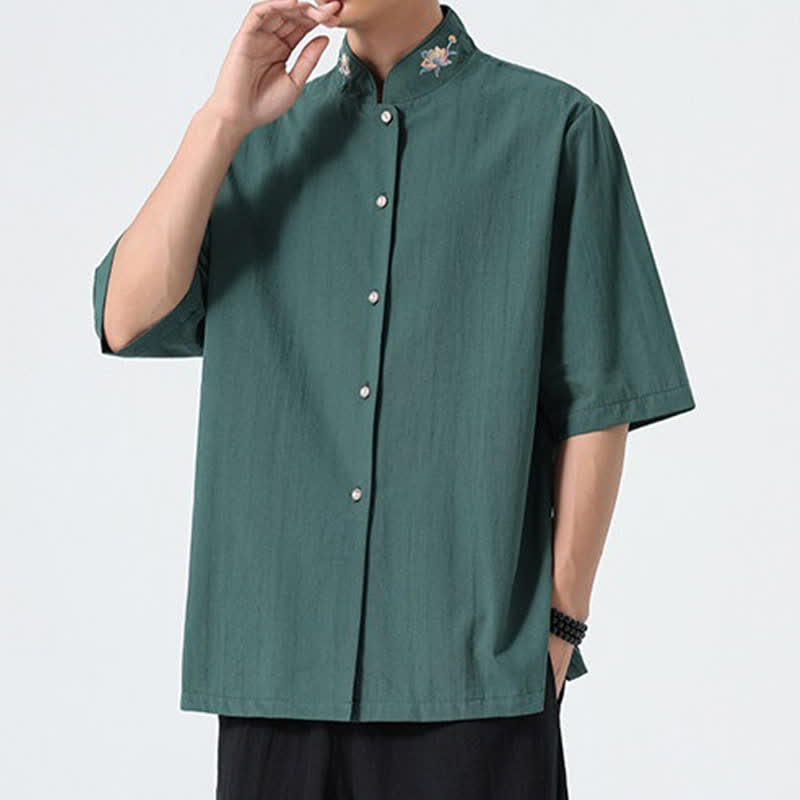 Buddha Stones Chemises d'été pour hommes, style Tang, col mandarin, broderie lotus, unies - image 6