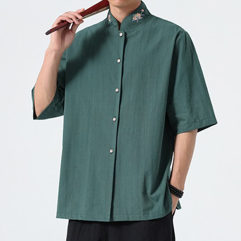 Buddha Stones Chemises d'été pour hommes, style Tang, col mandarin, broderie lotus, unies - image 7