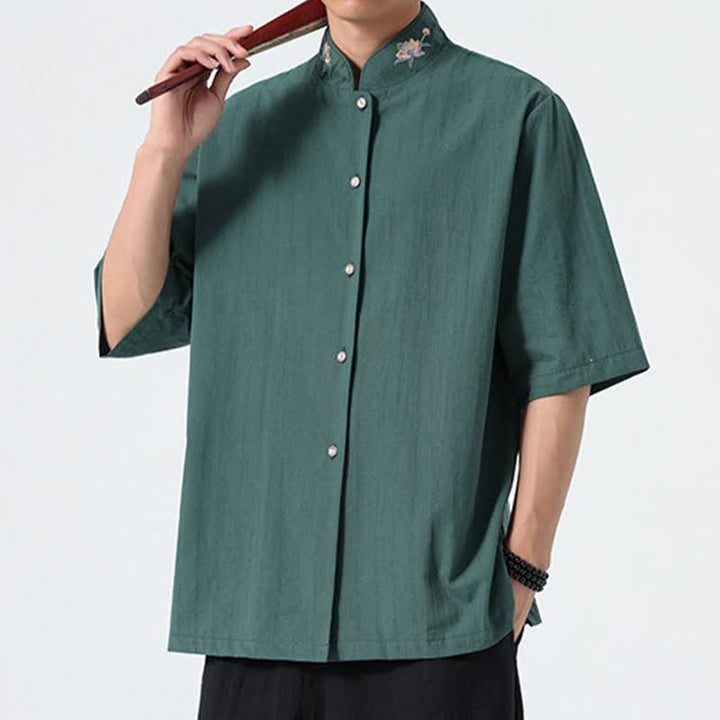Buddha Stones Chemises d'été pour hommes, style Tang, col mandarin, broderie lotus, unies - image 7