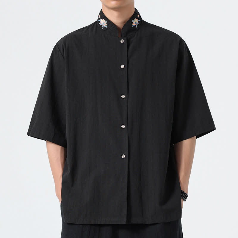 Buddha Stones Chemises d'été pour hommes, style Tang, col mandarin, broderie lotus, unies - Noir - US/UK/AU46，EU56 (5XL) - image 8