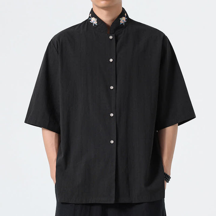 Buddha Stones Chemises d'été pour hommes, style Tang, col mandarin, broderie lotus, unies - Noir - US/UK/AU46，EU56 (5XL) - image 8