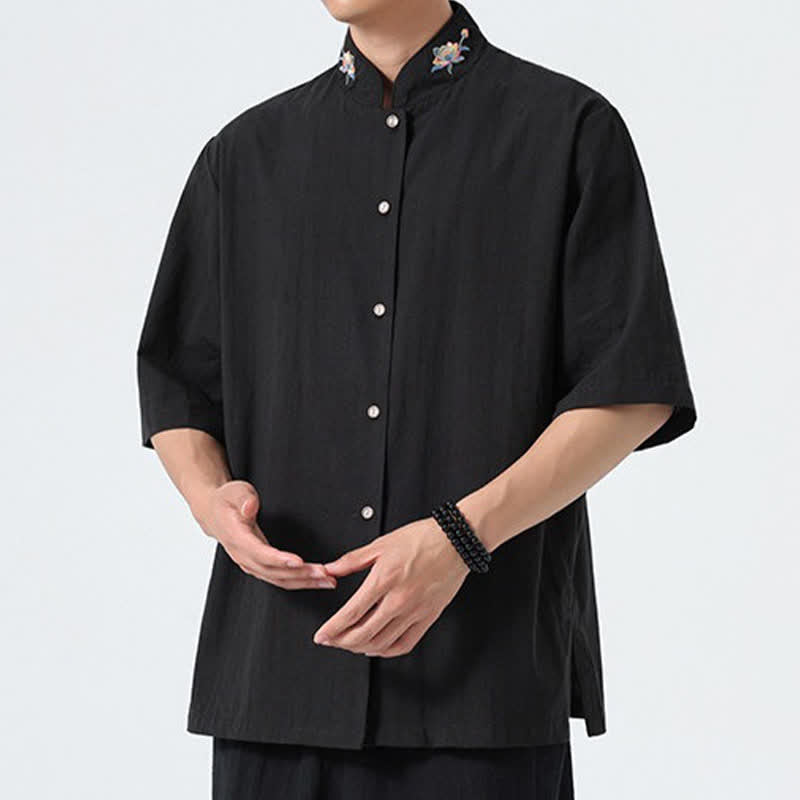 Buddha Stones Chemises d'été pour hommes, style Tang, col mandarin, broderie lotus, unies - image 13