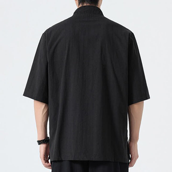 Buddha Stones Chemises d'été pour hommes, style Tang, col mandarin, broderie lotus, unies - image 12