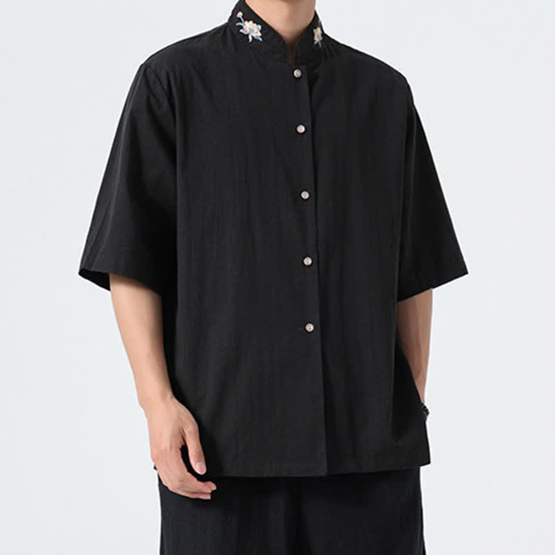 Buddha Stones Chemises d'été pour hommes, style Tang, col mandarin, broderie lotus, unies - image 14