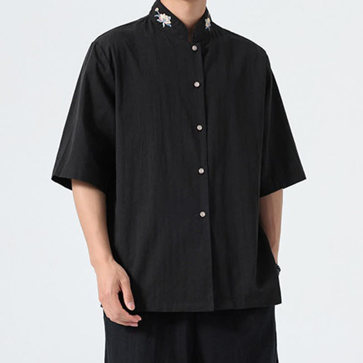 Buddha Stones Chemises d'été pour hommes, style Tang, col mandarin, broderie lotus, unies - image 14