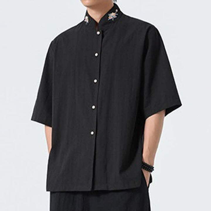 Buddha Stones Chemises d'été pour hommes, style Tang, col mandarin, broderie lotus, unies - image 9