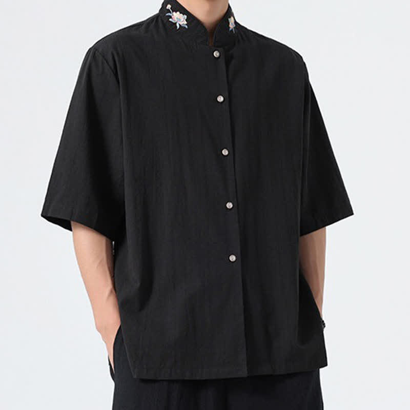 Buddha Stones Chemises d'été pour hommes, style Tang, col mandarin, broderie lotus, unies - image 11