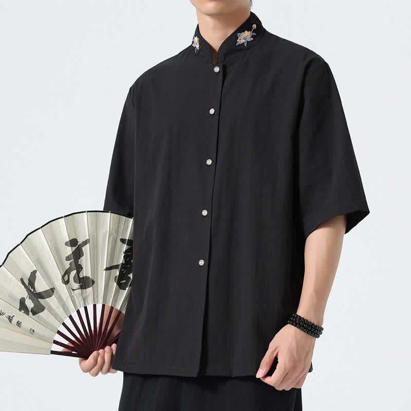 Buddha Stones Chemises d'été pour hommes, style Tang, col mandarin, broderie lotus, unies - image 10