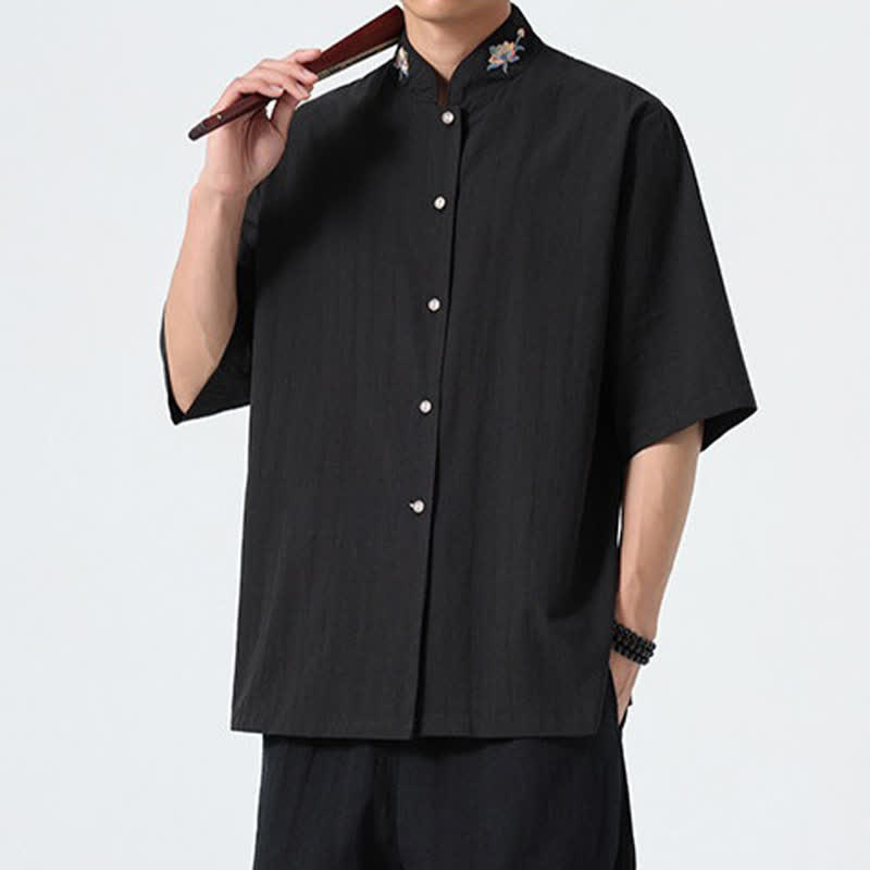 Buddha Stones Chemises d'été pour hommes, style Tang, col mandarin, broderie lotus, unies - image 15