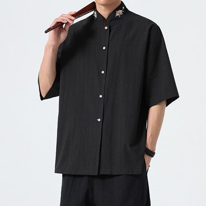 Buddha Stones Chemises d'été pour hommes, style Tang, col mandarin, broderie lotus, unies - image 15