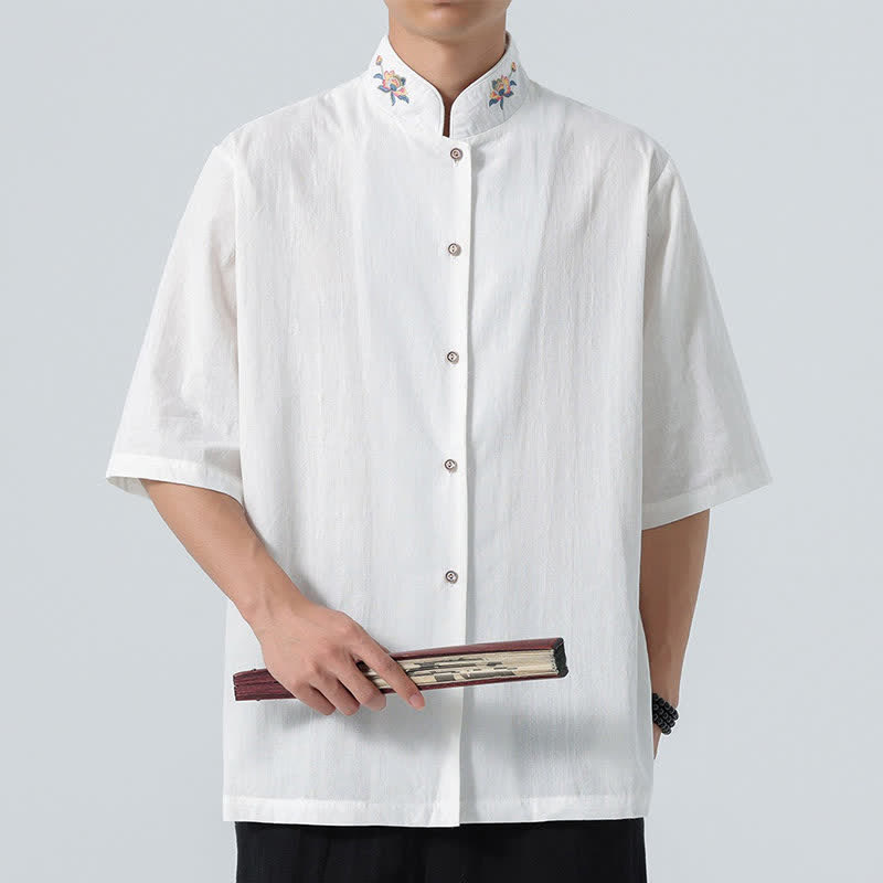 Buddha Stones Chemises d'été pour hommes, style Tang, col mandarin, broderie lotus, unies - Blanc - US/UK/AU46，EU56 (5XL) - image 16