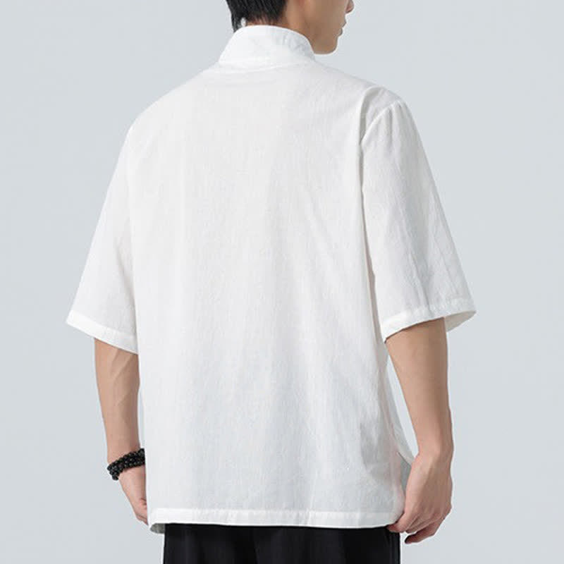 Buddha Stones Chemises d'été pour hommes, style Tang, col mandarin, broderie lotus, unies - image 20