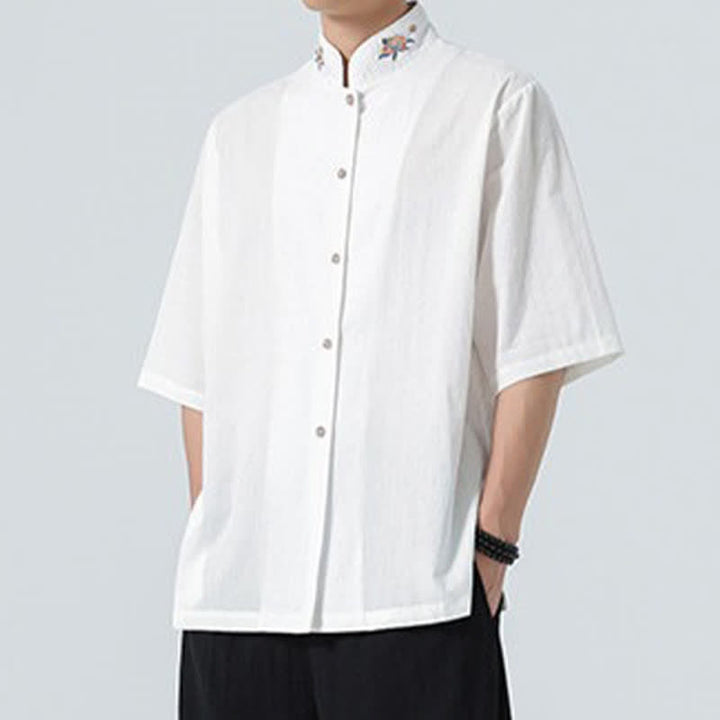 Buddha Stones Chemises d'été pour hommes, style Tang, col mandarin, broderie lotus, unies - image 19