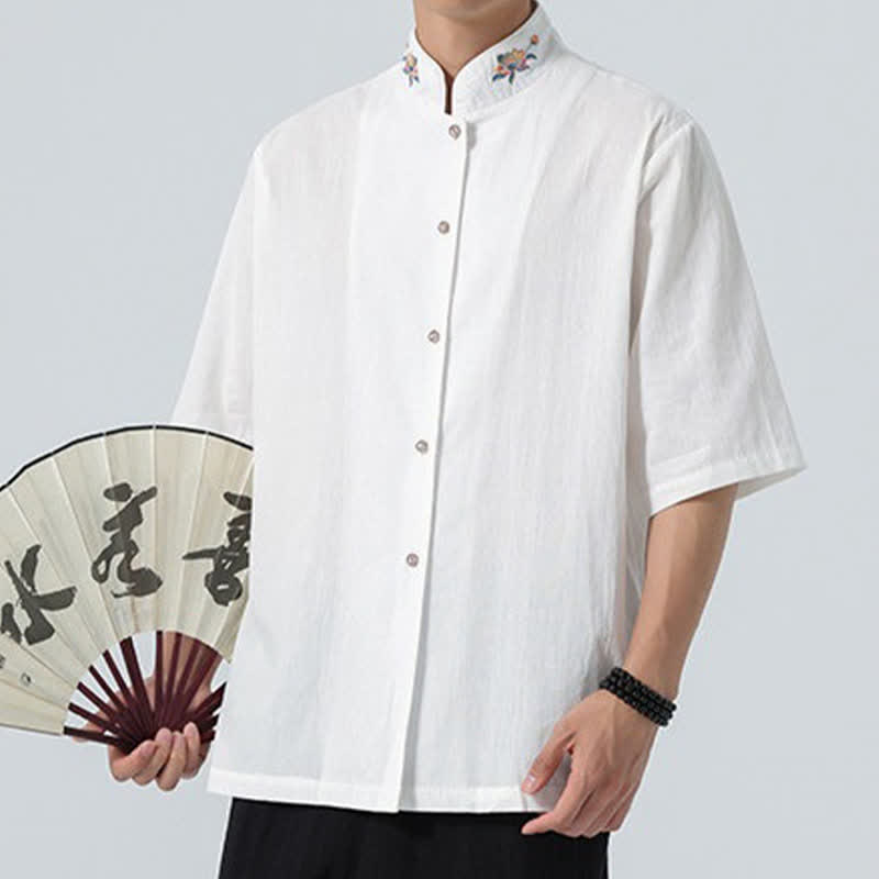 Buddha Stones Chemises d'été pour hommes, style Tang, col mandarin, broderie lotus, unies - image 21