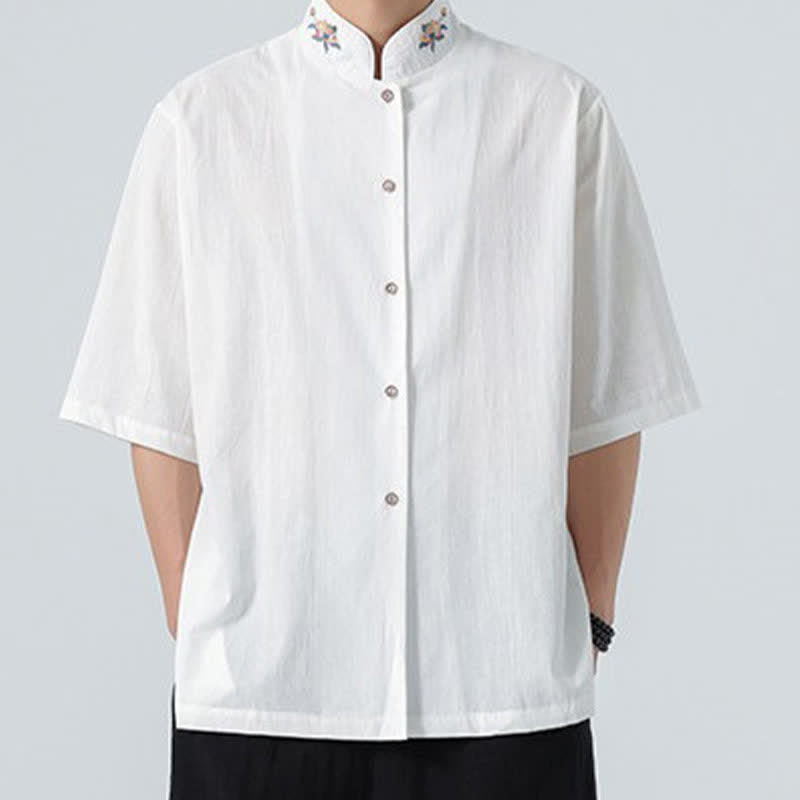 Buddha Stones Chemises d'été pour hommes, style Tang, col mandarin, broderie lotus, unies - image 18
