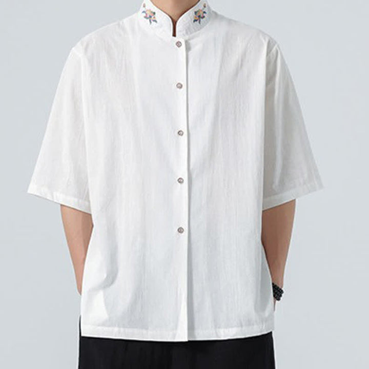 Buddha Stones Chemises d'été pour hommes, style Tang, col mandarin, broderie lotus, unies - image 18